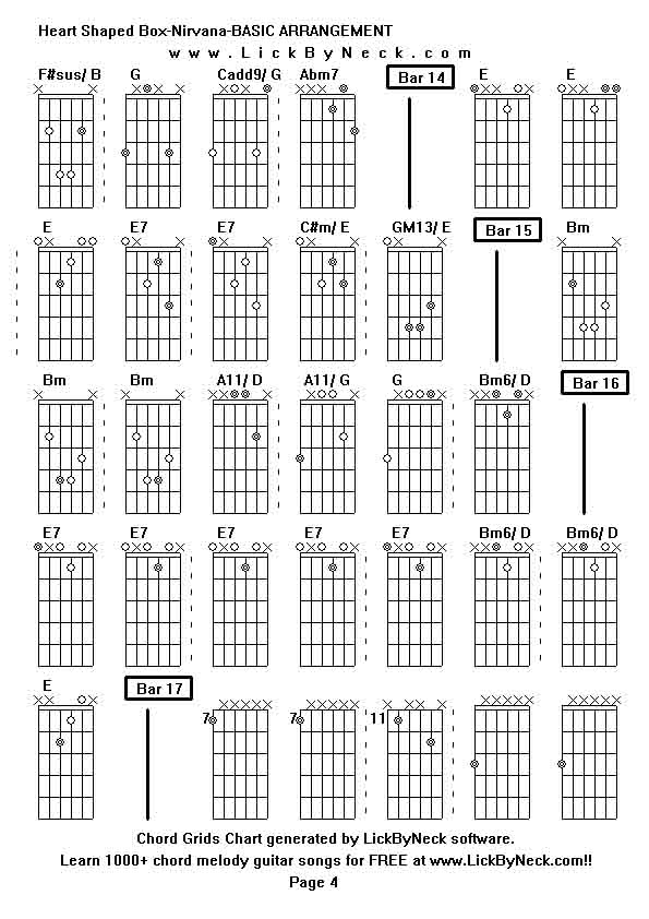 Chord Grids Chart of chord melody fingerstyle guitar song-Heart Shaped Box-Nirvana-BASIC ARRANGEMENT,generated by LickByNeck software.